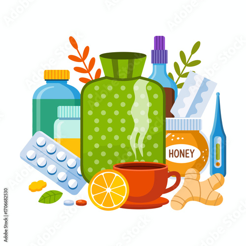 A vibrant arrangement of health care items, including herbal products such as honey and vitamins, representing comfort during flu season and promoting wellness in recovery journey.