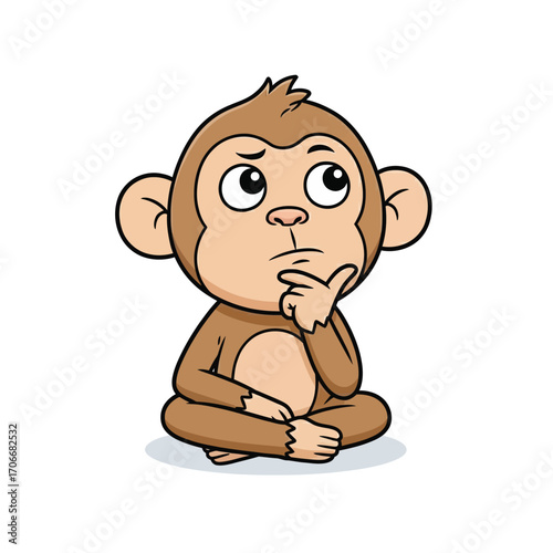 A cute baby monkey cartoon character sitting and thinking with a pensive expression. Adorable jungle animal vector illustration isolated on a white background