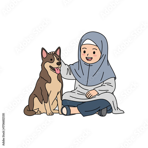 Charming vector drawing of a smiling Muslim child in a hijab tenderly stroking a cute dog