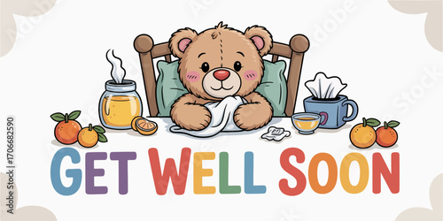 A cozy bear snuggled in bed with honey and citrus fruits, promoting a warm atmosphere that speaks to healing and the joy of recovery from illness.