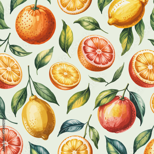 A vibrant and colorful pattern featuring various citrus fruits, including oranges, lemons, and grapefruits, surrounded by lush green leaves on a soft background.