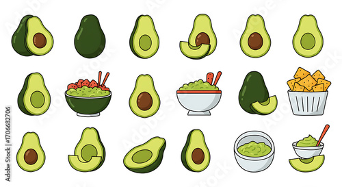 Avocado and Guacamole Flat Art Isolated on White Background