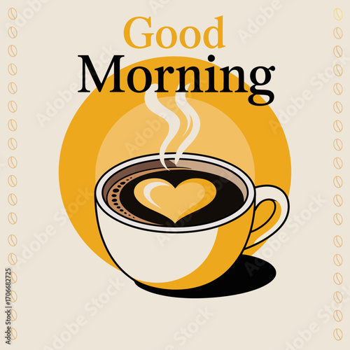An inviting illustration of a coffee cup with steam rising and a heart-shaped design, epitomizing the warmth and comfort that coffee brings to mornings.