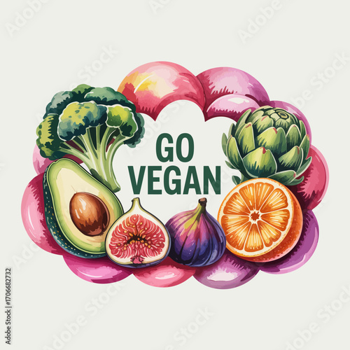 This visually appealing artwork promotes the vegan lifestyle with an artistic arrangement of fresh produce, showcasing the benefits and vibrancy of plant-based living.