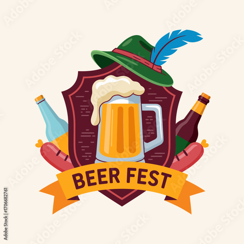A charming logo encapsulates the spirit of a beer festival with essential components like a beer mug, bottles, and sausages, alluding to cultural gatherings and joyful celebrations.