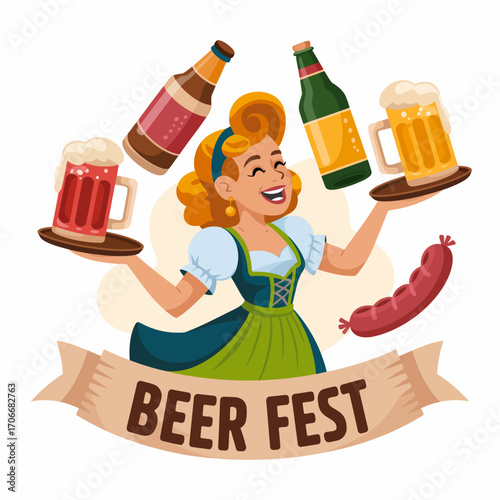 A joyful woman in traditional attire holds beer and soda, surrounded by beers and sausages, capturing the festive spirit of a beer festival with delicious treats and drinks.