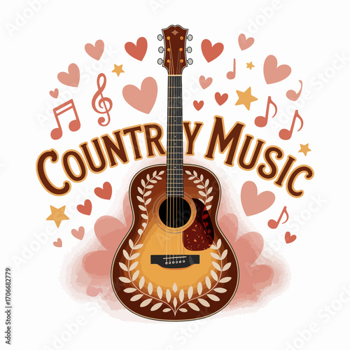 This artistic image creatively depicts a gorgeous guitar surrounded by musical notes and hearts, symbolizing the deep emotional bond and joy associated with country music.