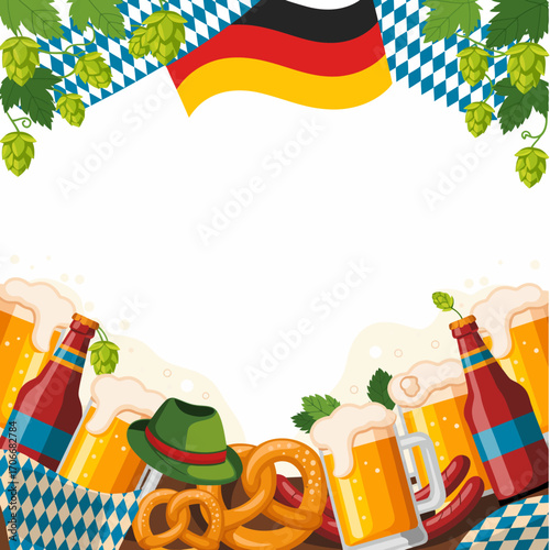 This vibrant image showcases a lively German beer celebration theme, featuring beer mugs, pretzels, and iconic cultural elements like the German flag and hop vines.