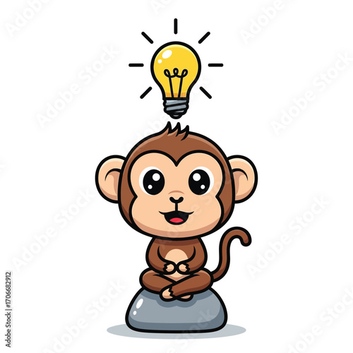 A cute cartoon monkey mascot sitting in a meditative pose on a stone gets a brilliant creative idea, symbolized by a glowing lightbulb above its head