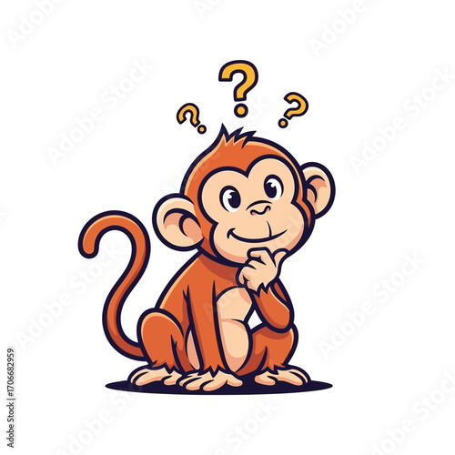 Vector illustration of a cute and curious monkey mascot pondering a question, hand on chin with question marks above its head