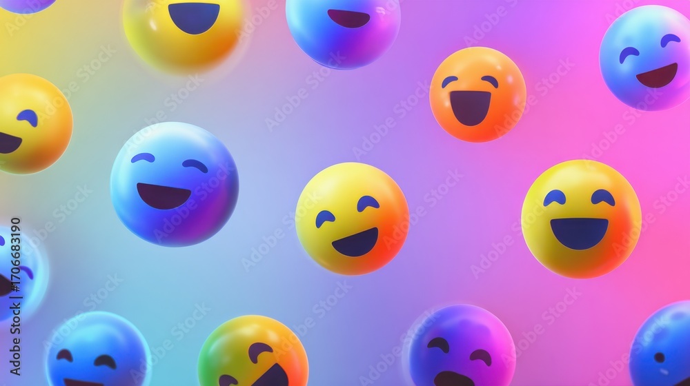 Obraz premium Expressive Emojis: A vibrant collection of smiling emojis float against a colorful background, embodying the spirit of joy, positivity, and digital communication.