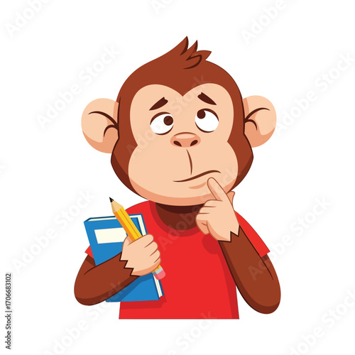 Thoughtful cartoon monkey student holding a book and pencil, contemplating a problem with a pensive expression