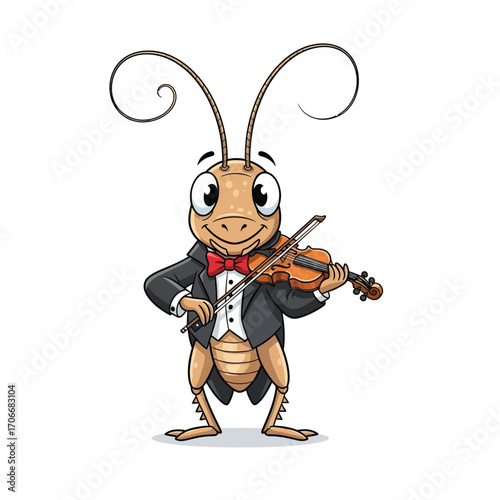 A dapper cartoon cricket mascot dressed in a formal tuxedo with a red bow tie, joyfully playing a classical tune on a violin
