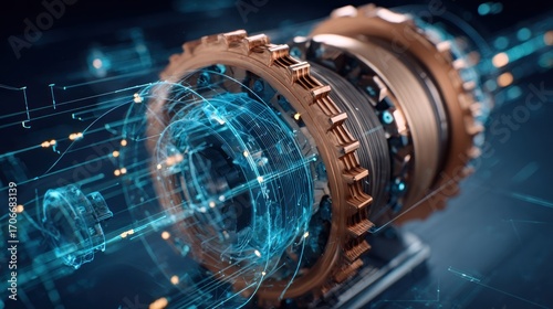 Close-up of intricate gears and mechanisms, overlaid with digital schematics