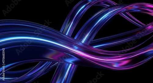 Mesmerizing Neon Reflections on Polished, Flowing Forms: A Luminous Dance of Electric Blue, Purple, and Magenta Light Against a Void of Deep Indigo, Evoking a Sense of Fluid Motion and Depth!