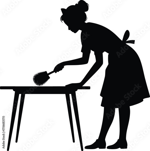 Silhouette of Housemaid Cleaning Table with Feather Duster Vector Illustration
