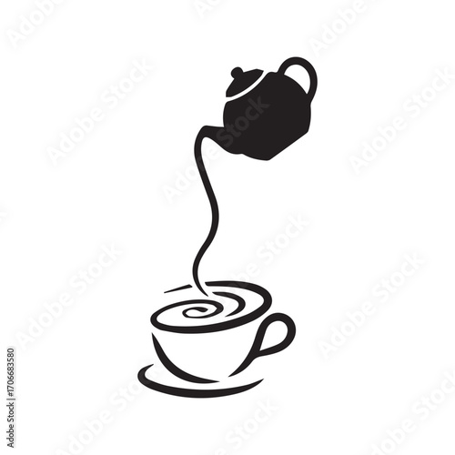 Creative tea logo with a teapot pouring liquid to form a teacup, abstract black and white vector illustration.