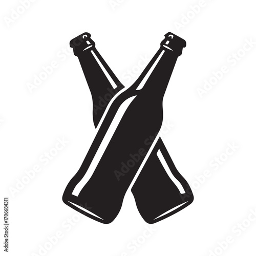 Two crossed beer bottles clinking in a toast, black and white graphic icon. Cheers symbol for a pub or bar, vector illustration.
