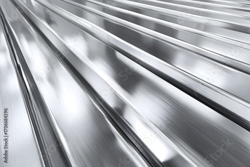 Top view aluminium profiles arranged in parallel lines on reflective surface.