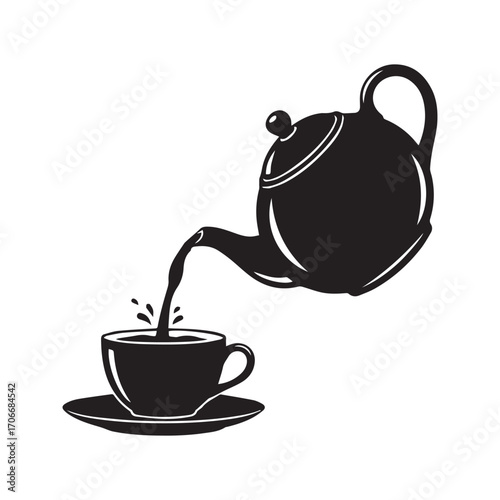 Teapot pouring hot tea or coffee into a cup on a saucer. Black and white silhouette icon, simple graphic vector illustration for a cafe menu.
