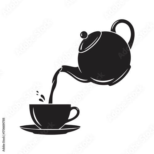 Teapot pouring hot tea or coffee into a cup on a saucer. Black and white silhouette icon, simple graphic vector illustration for a cafe menu.
