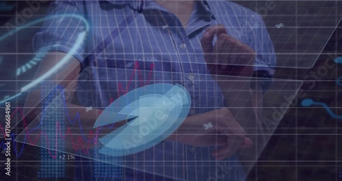 Person raising hand near wrist device, activating holographic chart, swiping and updating data
