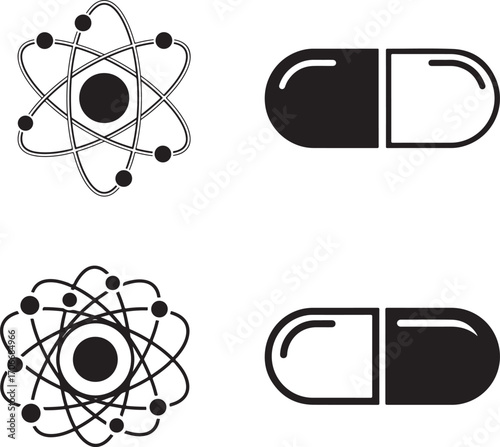 Science and Medicine Icons Featuring Atomic Models and Pharmaceutical Capsules