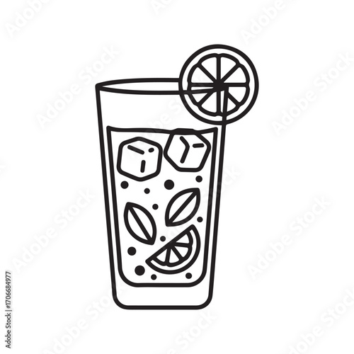 Refreshing cold drink with ice, lemon, and mint, line art icon vector
