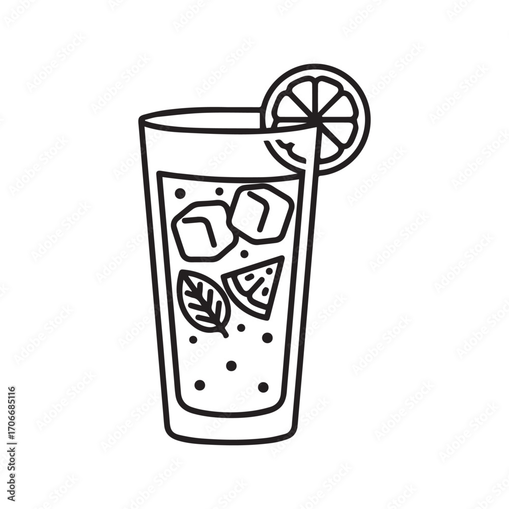 Refreshing cold drink with ice, lemon, and mint, line art icon vector
Refreshing cold drink with ice, lemon, and mint, line art icon vector