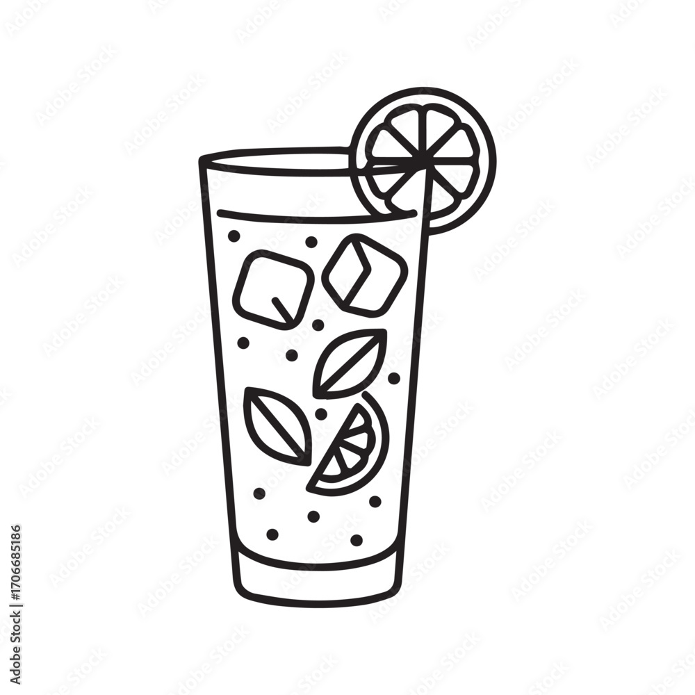 Refreshing cold drink with ice, lemon, and mint, line art icon vector
Refreshing cold drink with ice, lemon, and mint, line art icon vector