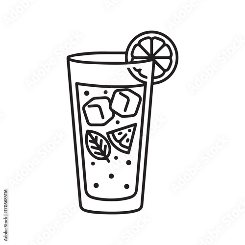 Refreshing cold drink with ice, lemon, and mint, line art icon vector

