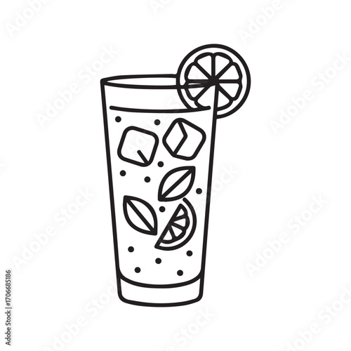 Refreshing cold drink with ice, lemon, and mint, line art icon vector
