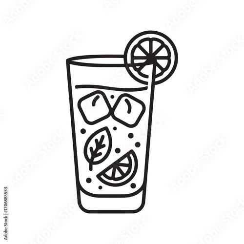 Refreshing cold drink with ice, lemon, and mint, line art icon vector
