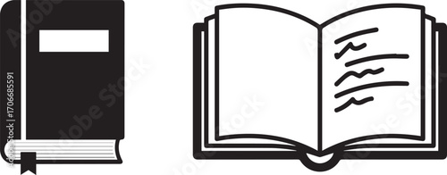 Book Icons Set: Closed Book with Bookmark and Open Book with Placeholder Text