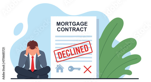 Flat illustration of a frustrated man with his head in hands in front of a rejected mortgage contract, symbolizing loan denial, financial stress, housing difficulties, and credit problems