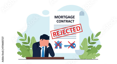 Flat illustration of a frustrated man with his head in hands in front of a rejected mortgage contract, symbolizing loan denial, financial stress, housing difficulties, and credit problems
