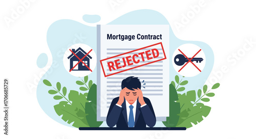 Flat illustration of a frustrated man with his head in hands in front of a rejected mortgage contract, symbolizing loan denial, financial stress, housing difficulties, and credit problems