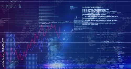 Grid emerging driving code fading, graphs drawing, disc rotating light sweeping highlighting trends