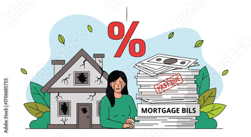 Flat illustration of a worried woman sitting beside stacks of unpaid mortgage bills and a damaged house, symbolizing debt, high interest rates, financial stress, and foreclosure risk