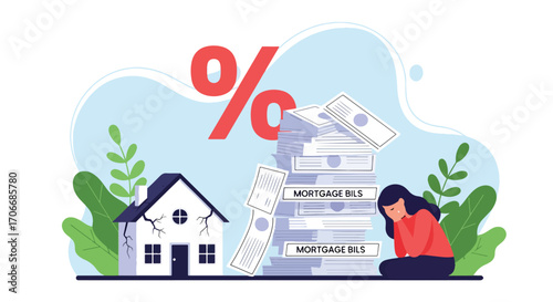 Flat illustration of a worried woman sitting beside stacks of unpaid mortgage bills and a damaged house, symbolizing debt, high interest rates, financial stress, and foreclosure risk