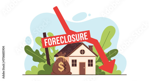 Flat illustration of a foreclosure sign with a house, money bag, and falling red arrow, symbolizing housing crisis, loan default, debt problems, and real estate financial loss