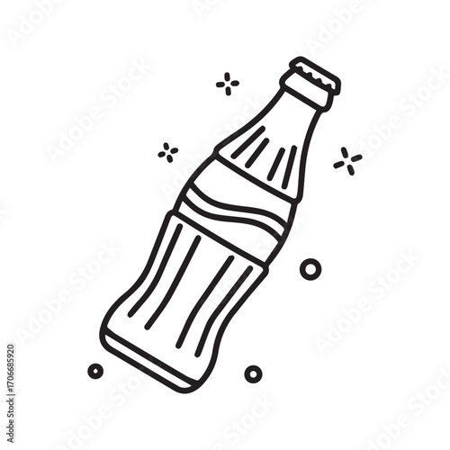 Classic cola bottle icon, sparkling fizzy soda drink, simple black and white line art vector illustration
