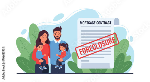 Flat illustration of a sad family facing foreclosure with a stamped mortgage contract, symbolizing housing crisis, financial hardship, unpaid loans, debt problems, and property loss