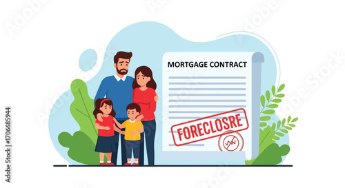 Flat illustration of a sad family facing foreclosure with a stamped mortgage contract, symbolizing housing crisis, financial hardship, unpaid loans, debt problems, and property loss