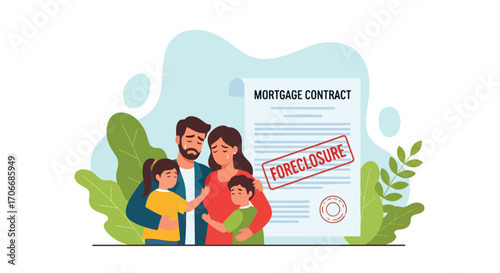 Flat illustration of a sad family facing foreclosure with a stamped mortgage contract, symbolizing housing crisis, financial hardship, unpaid loans, debt problems, and property loss