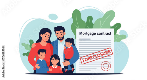 Flat illustration of a sad family facing foreclosure with a stamped mortgage contract, symbolizing housing crisis, financial hardship, unpaid loans, debt problems, and property loss