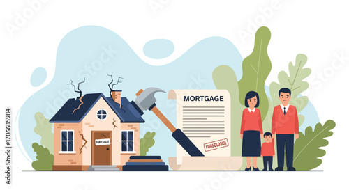 Flat illustration of a sad family facing home foreclosure due to unpaid mortgage debt, with a damaged house, gavel, and foreclosure notice symbolizing legal action, property loss, and financial crisis