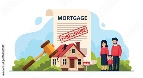 Flat illustration of a sad family facing home foreclosure due to unpaid mortgage debt, with a damaged house, gavel, and foreclosure notice symbolizing legal action, property loss, and financial crisis