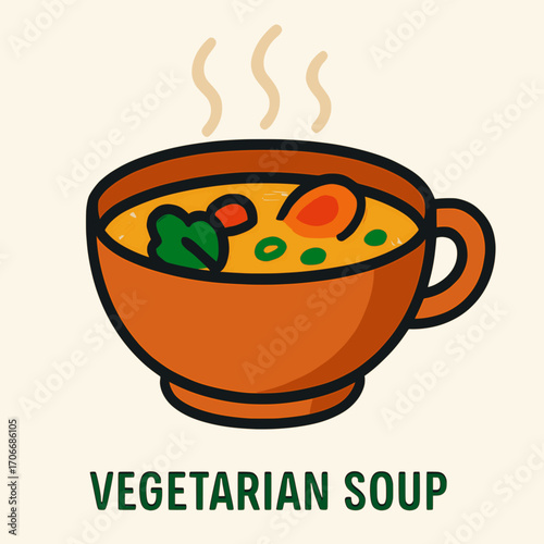 A playful vector illustration of a vegetarian soup bowl with steaming broth, solid colors, white background