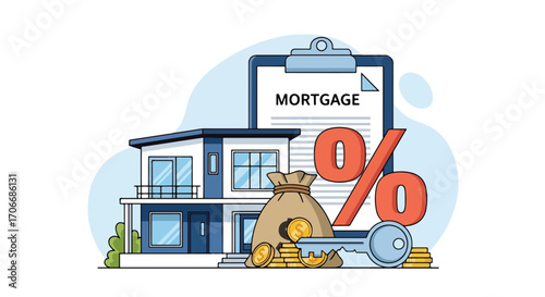 Flat illustration of a mortgage contract with house, coins, money bag, key, and percentage sign, symbolizing home loans, property investment, financial planning, and real estate agreements